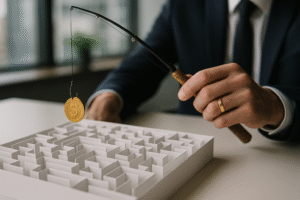 Mão de empresário resgatando moeda de labirinto, simbolizando a recuperação de créditos tributários em Manaus pela Habreu.