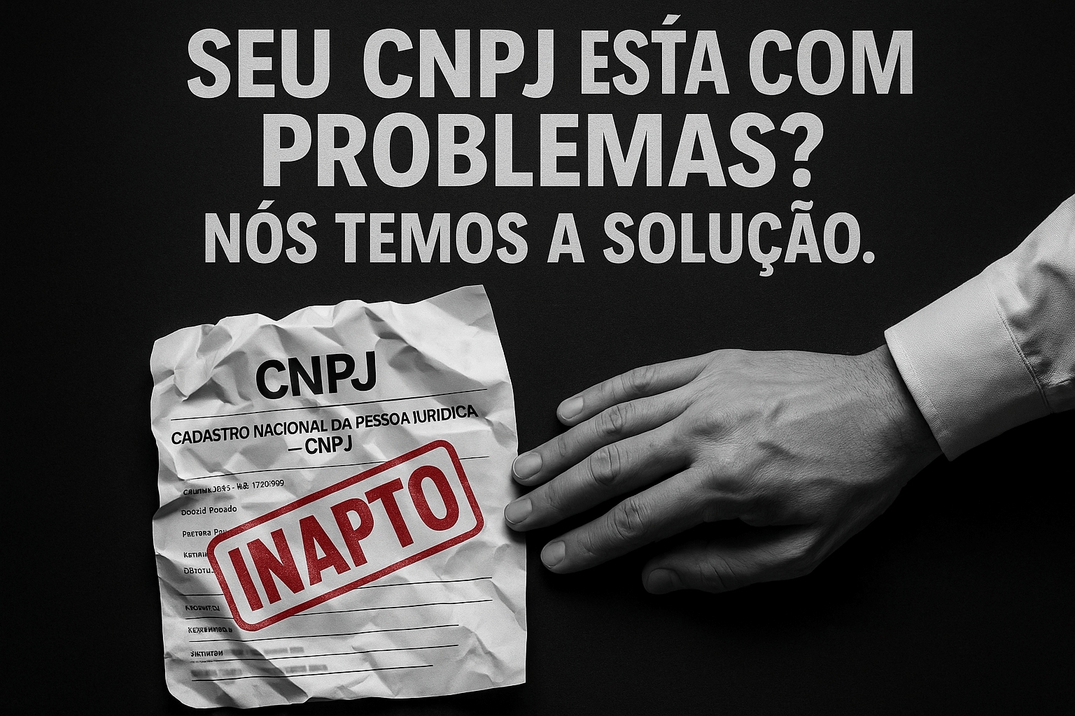 Mão de contador especialista limpando um cartão de CNPJ com carimbo de "Inapto", simbolizando o serviço de regularização em Manaus.